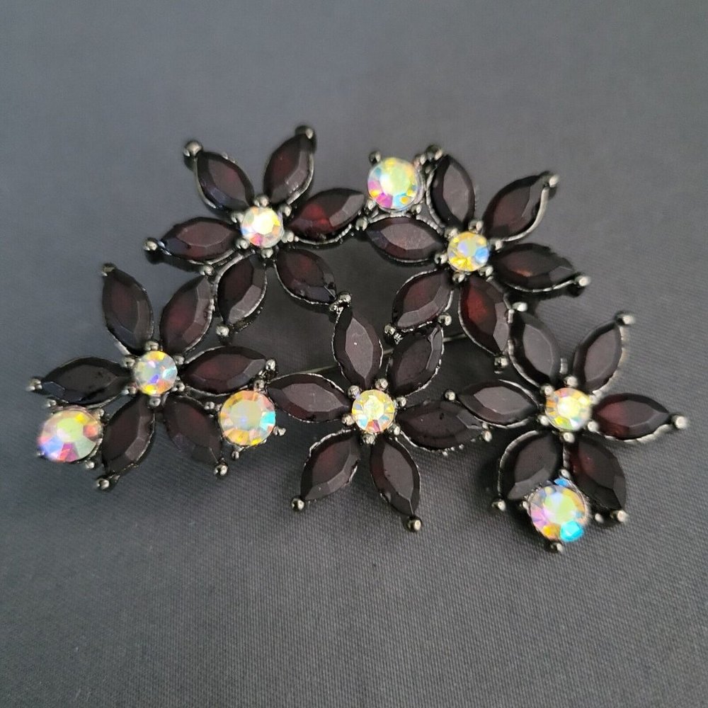 Womens Black Glass Crystal AB Aurora Borealis Rhinestone Flower Brooch Pin